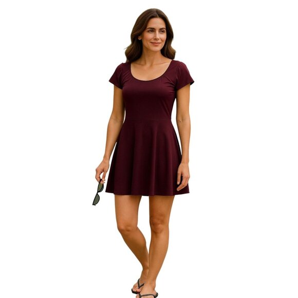 Honeymark Maroon Dress NWT Built In Bra Pockets Swim Coverup Skater Style L - Picture 4 of 10